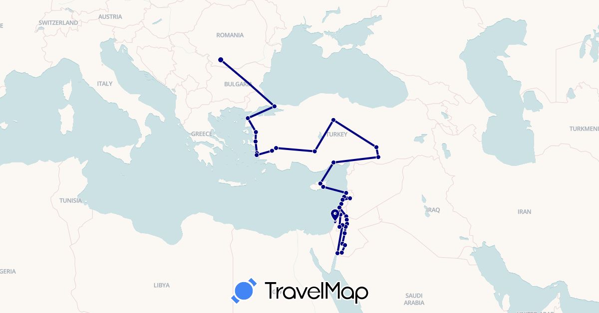 TravelMap itinerary: driving in Cyprus, Israel, Jordan, Lebanon, Palestinian Territories, Romania, Turkey (Asia, Europe)